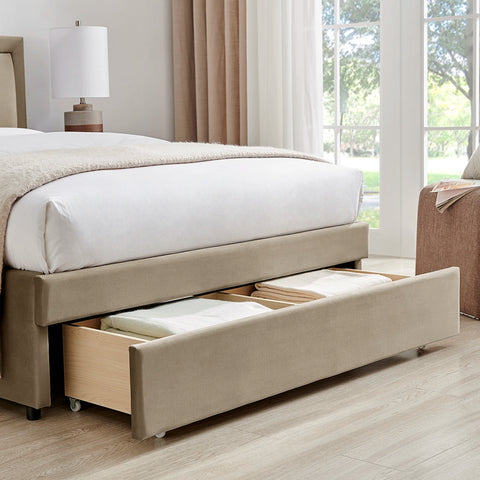 Image of the Uvara Velvet Upholstered Storage End-Drawer Bed showing end drawer built in the foot end of the bed to create maximum storage in your bedroom.