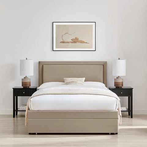 Uvara Velvet Upholstered Storage End-Drawer Bed. Taupe Velvet upholstered bed with storage drawer in the footend. Available in Double or Kingsize