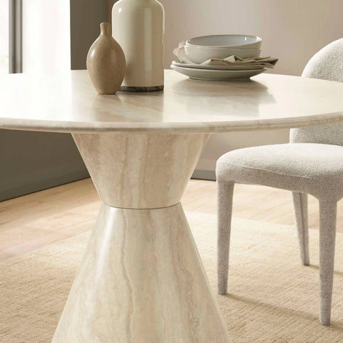 Vero 120cm Round Cream Marble Effect Dining Table. Featuring a sculptural pedestal base and elegant neutral finish for contemporary dining rooms.