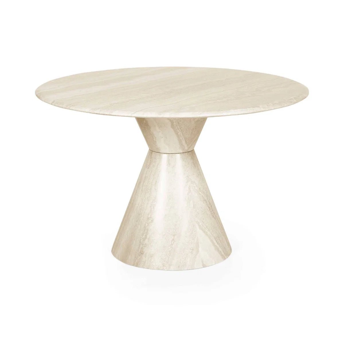 Vero 120cm Round Cream Marble Effect Dining Table. Featuring a sculptural pedestal base 
