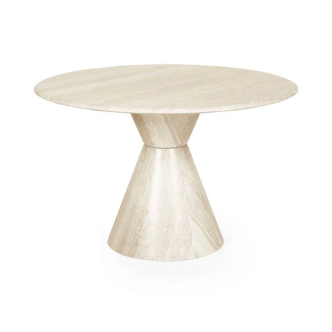 Vero 120cm Round Cream Marble Effect Dining Table. Featuring a sculptural pedestal base 