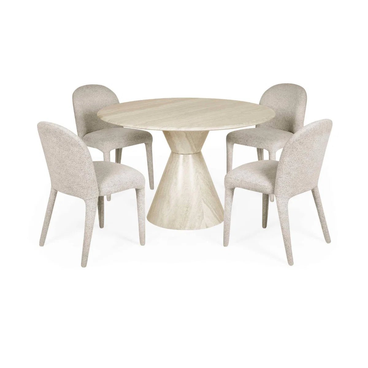 Vero 120cm Round Cream Marble Effect Dining Table. Featuring a sculptural pedestal base and Fabric Chairs Set