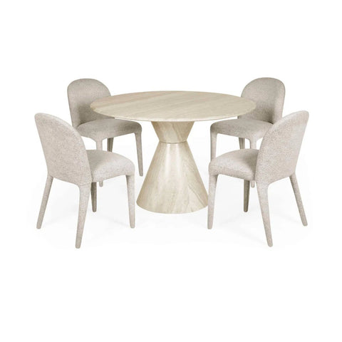 Vero 120cm Round Cream Marble Effect Dining Table. Featuring a sculptural pedestal base and Fabric Chairs Set