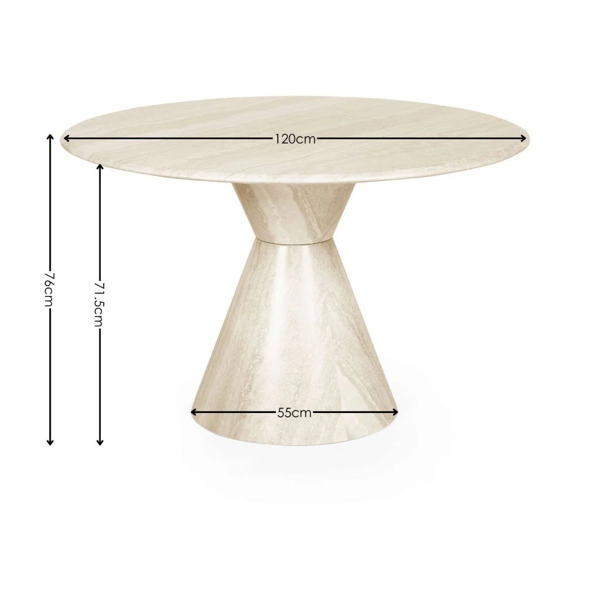 Shop the Vero 120cm Round Cream Marble Effect Dining Table With dimensions Shown on a white background