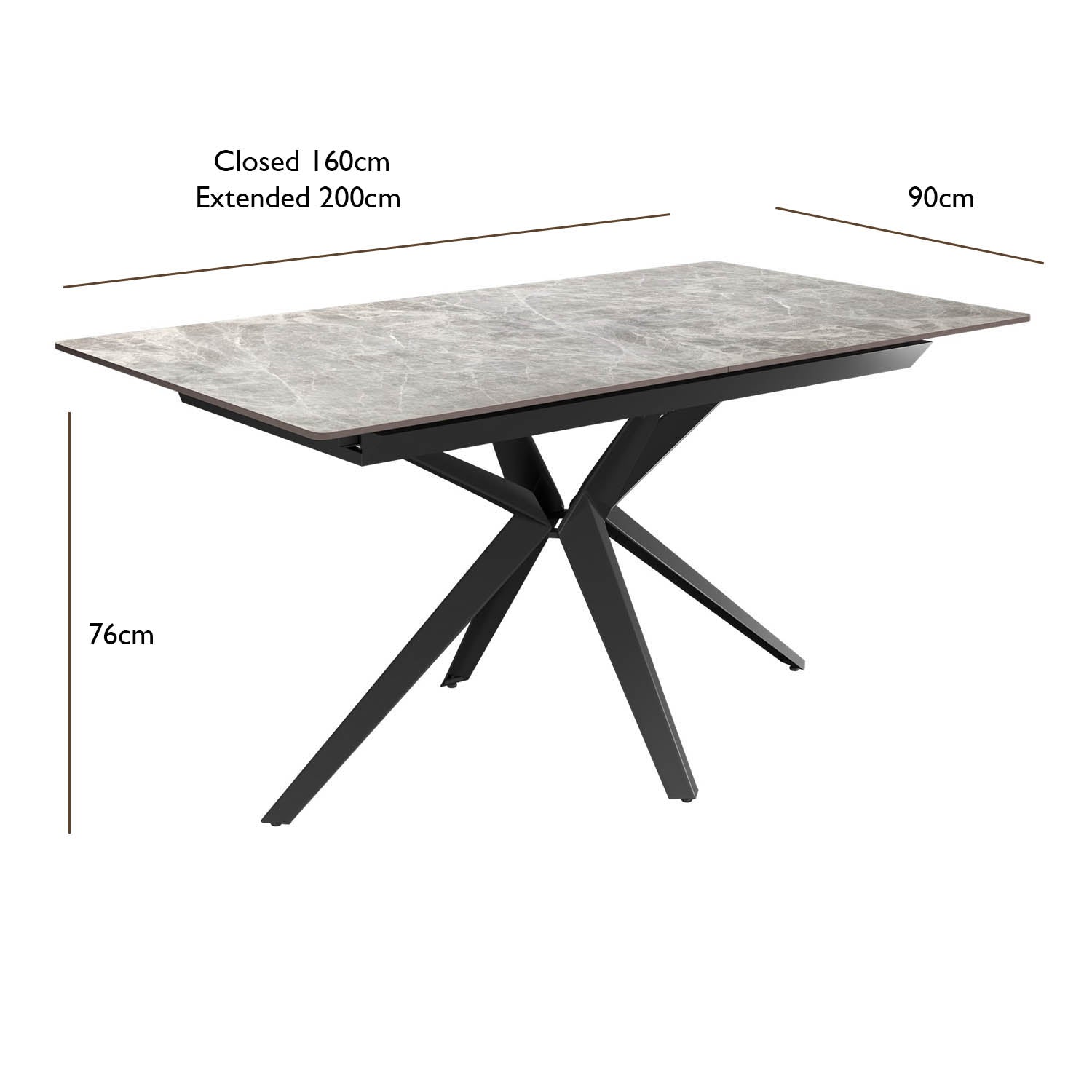 Lina 160-200cm Grey Gloss Ceramic Extending Dining Table, also available in White - Dimensions 