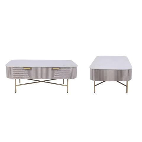 Valencia Marble Mango Wood Coffee Table, Matching Furniture Available - Front and Side View 