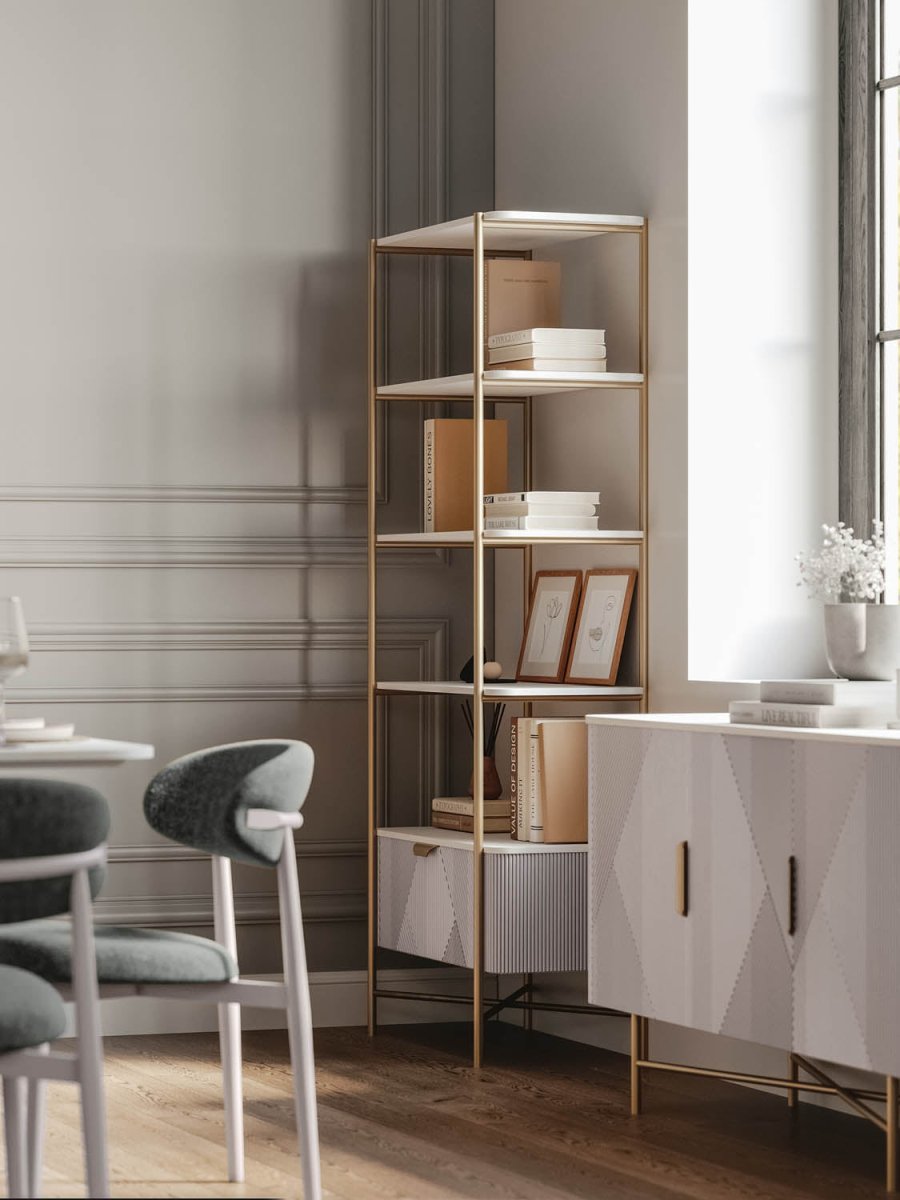 Valencia Marble Mango Wood Bookshelf with Drawers - Pendle Village Furniture
