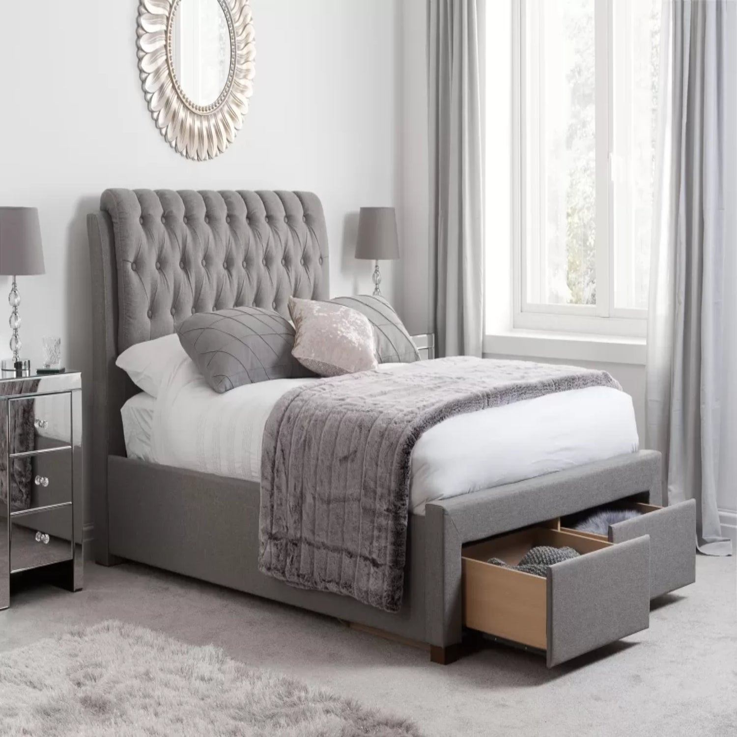 Space saving design with integrated storage drawers.