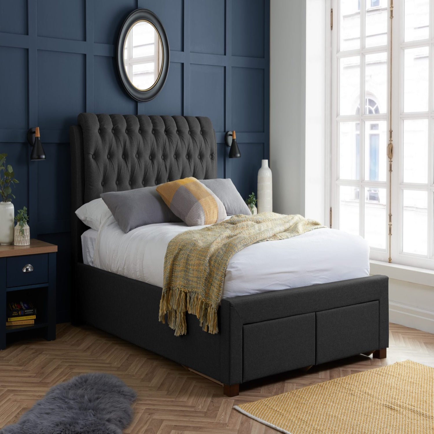 Fabric bed frame designed for durability and elegance.