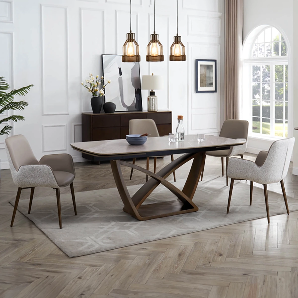 Lifestyle image of Vanessa Mocha Fabric & Faux Leather Dining Chairs - Set of 4,6 or 8