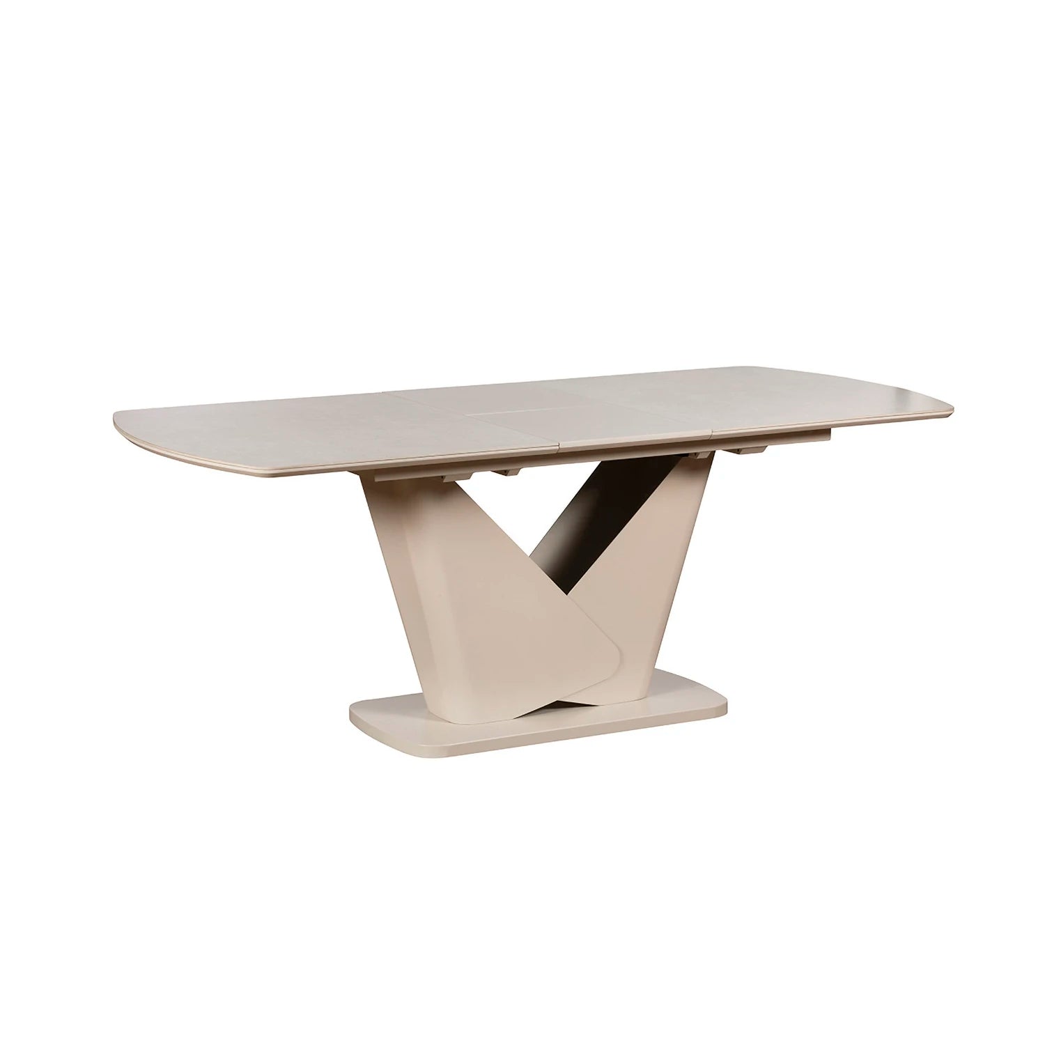 Modern dining table with a unique base design on a white background
