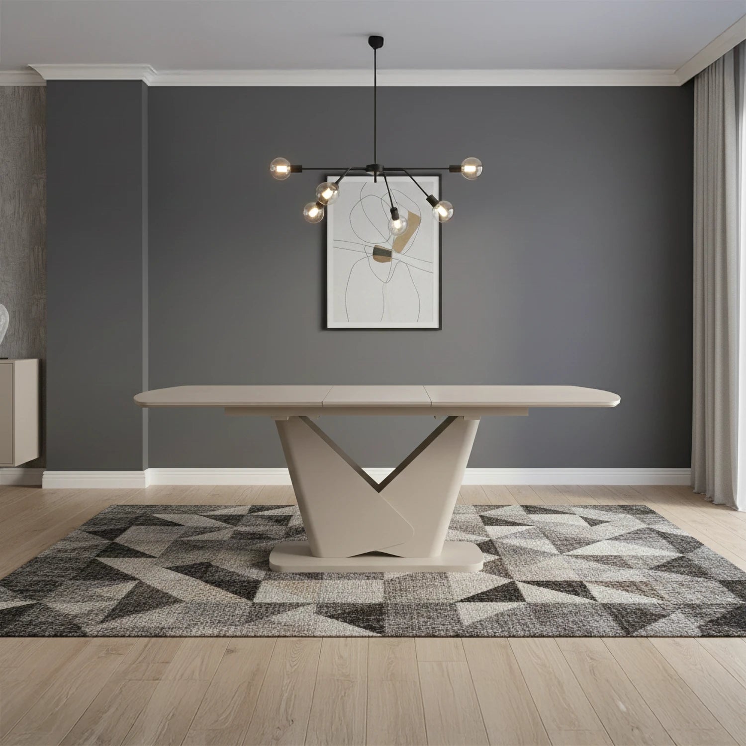 Modern dining table in a stylish room with a geometric rug and abstract art on the wall.