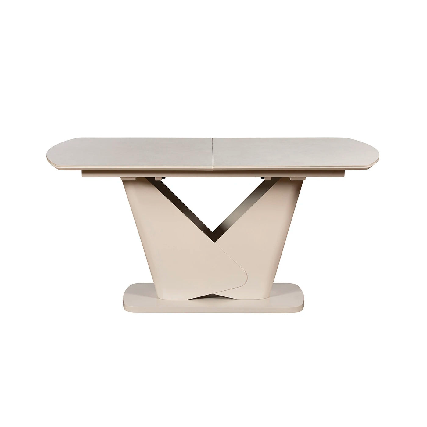 Varello cream sintered stone extending dining table with butterfly leaf and sculptural base. 