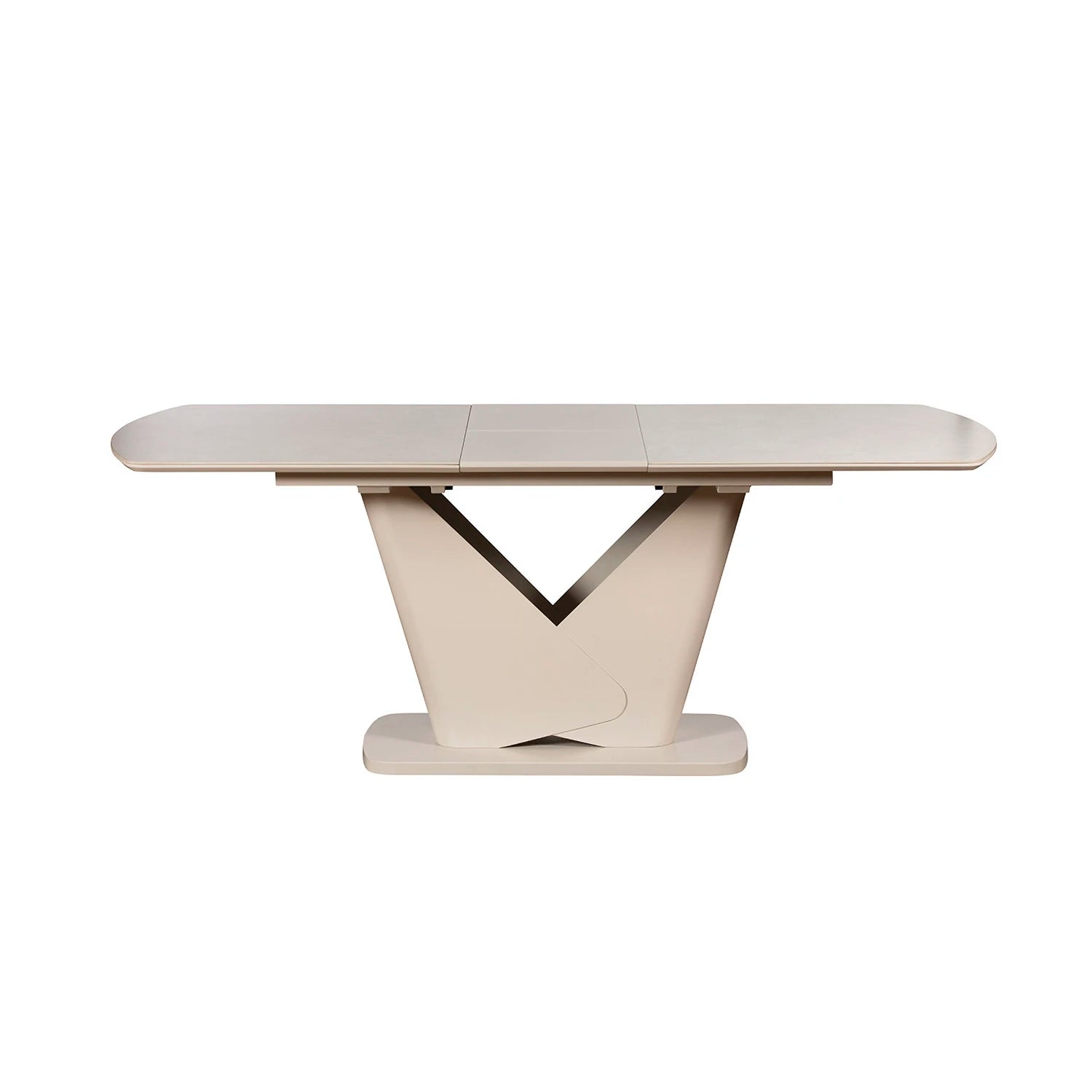 Cream sintered stone extending dining table with sculptural pedestal base