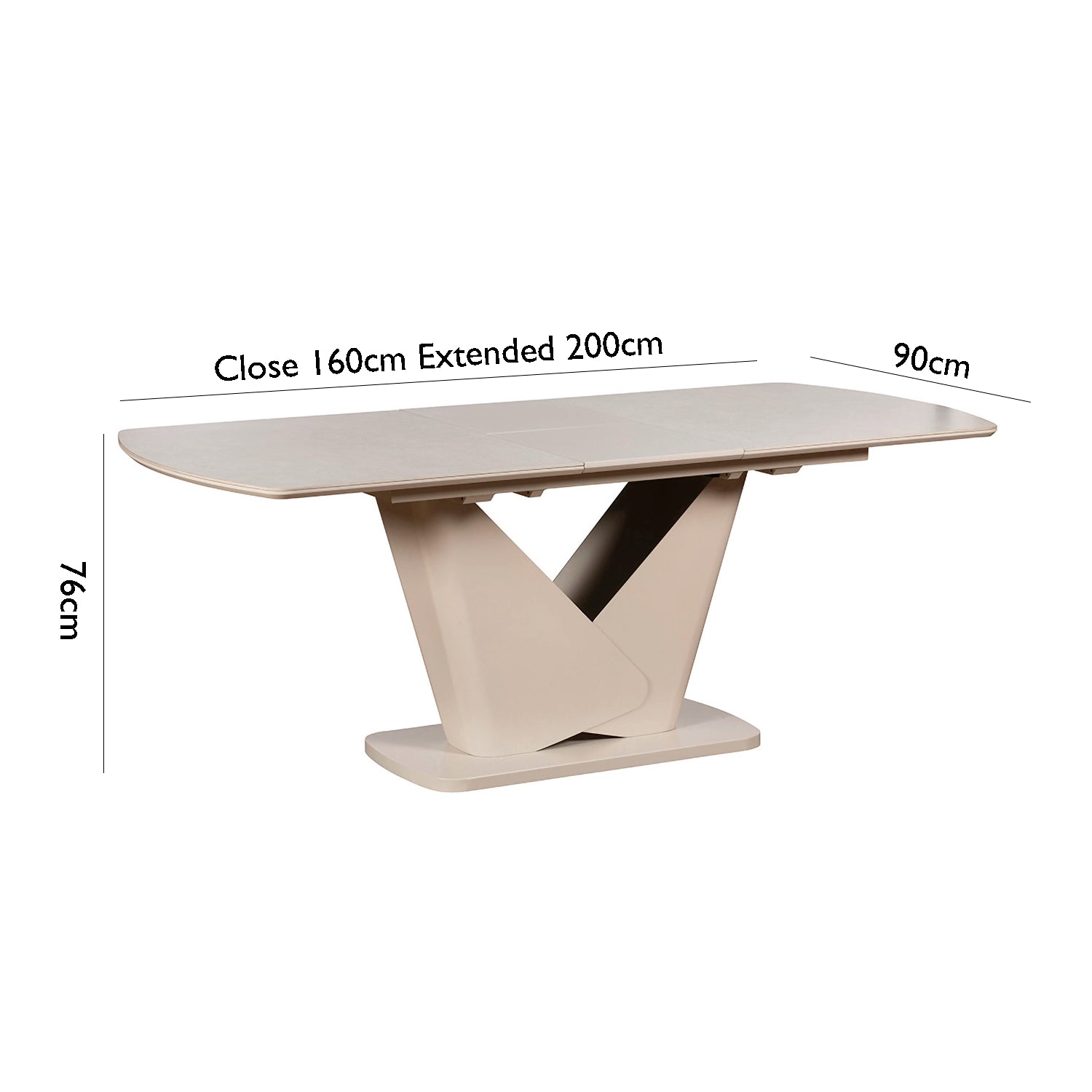 Beige dining table with dimensions labeled on a white background