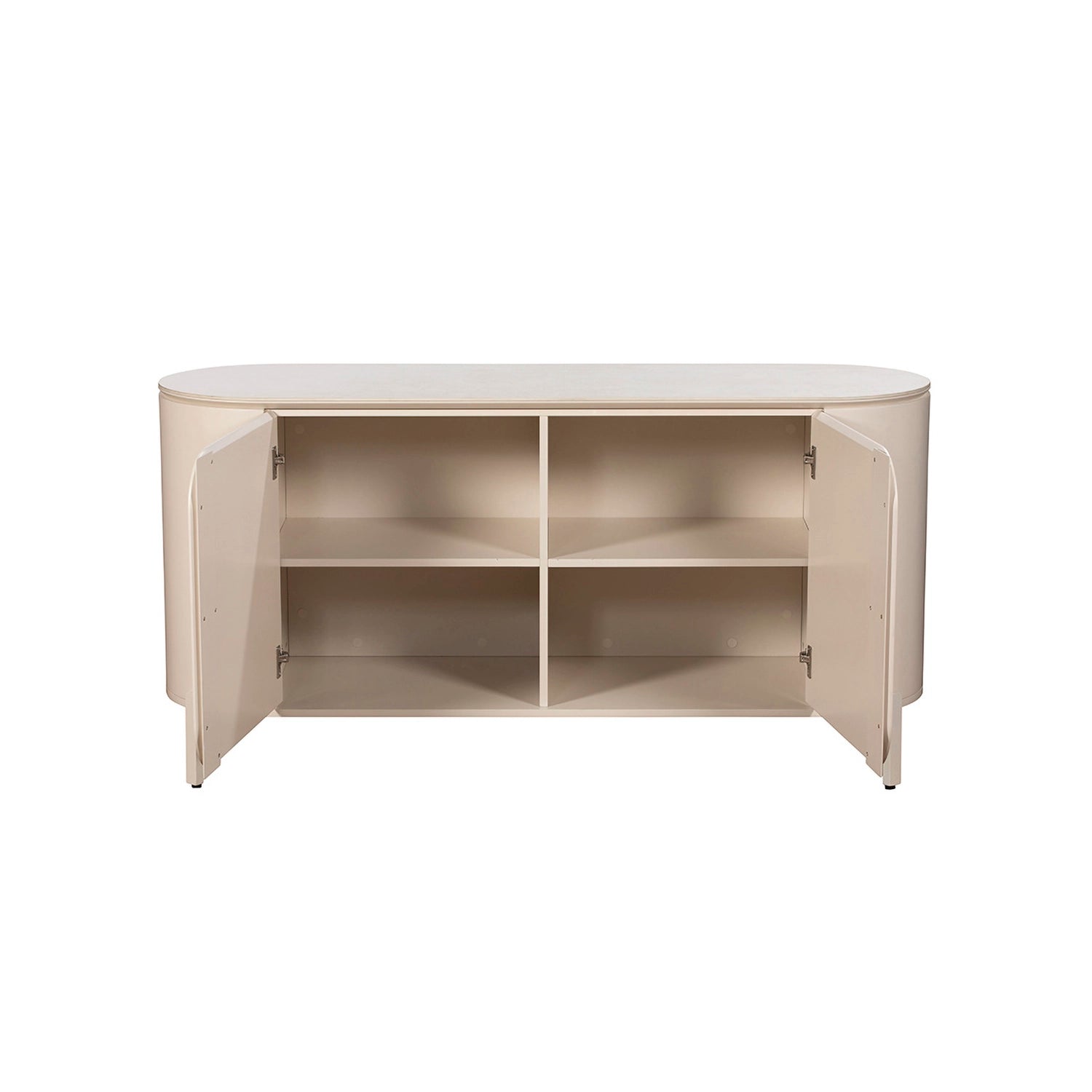 Beige entertainment console with open doors on a white background