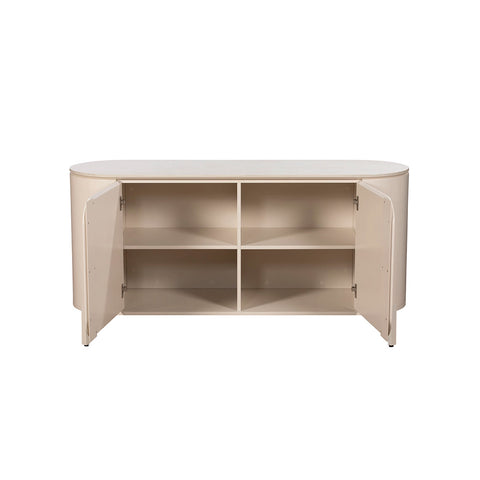 Beige entertainment console with open doors on a white background
