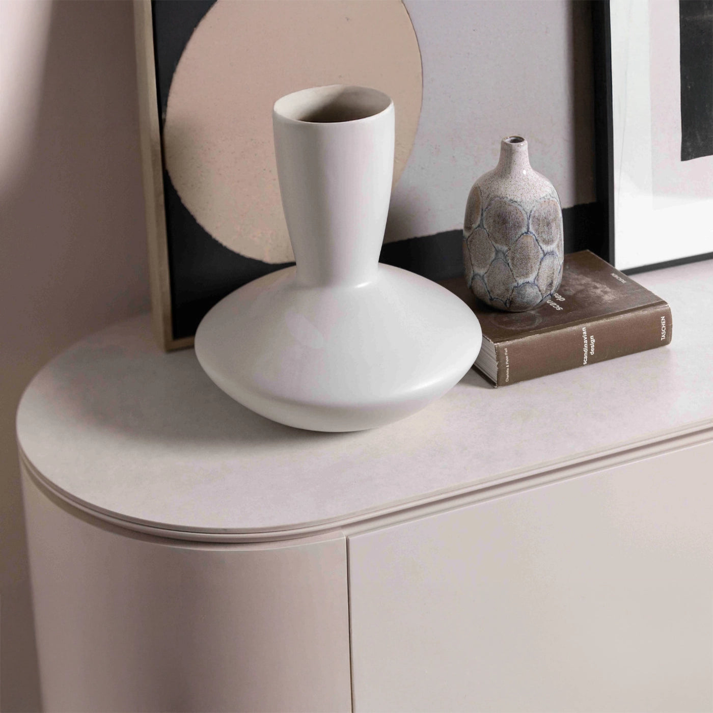 Close-up of cream sintered-stone effect top on Varello Sideboard