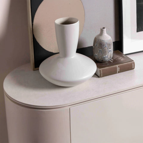 Close-up of cream sintered-stone effect top on Varello Sideboard