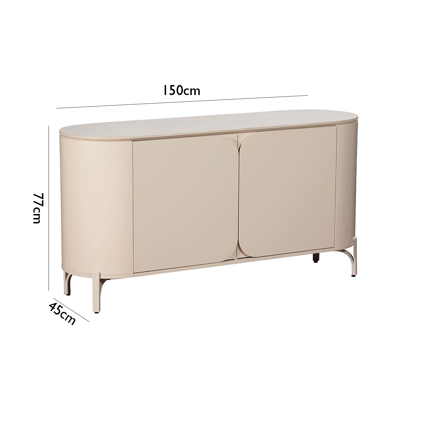 Beige sideboard with dimensions labeled on a white background