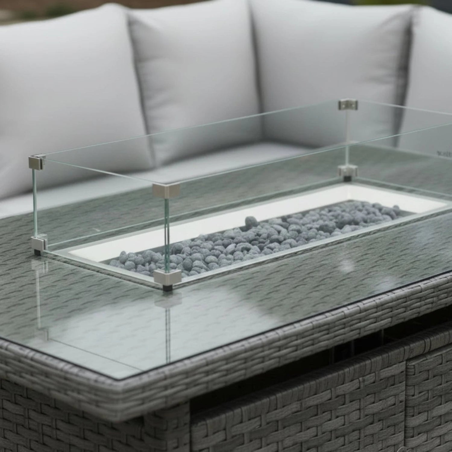 Contemporary gas fire table for evening outdoor gatherings.