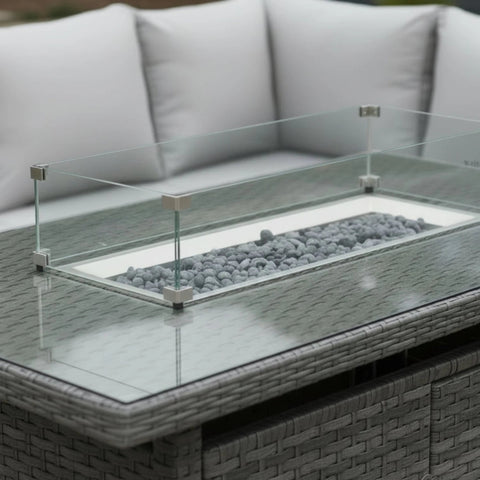 Contemporary gas fire table for evening outdoor gatherings.