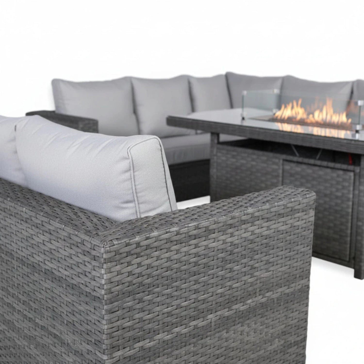 Spacious L-shaped sofa ideal for outdoor dining sets.