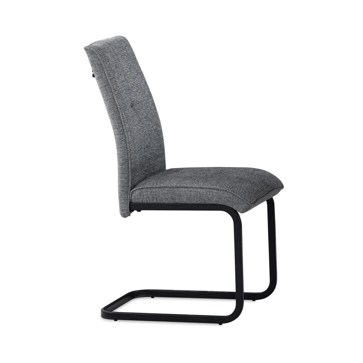 Side view of Venezia Dark gray upholstered dining chairs with black cantilever black metal base