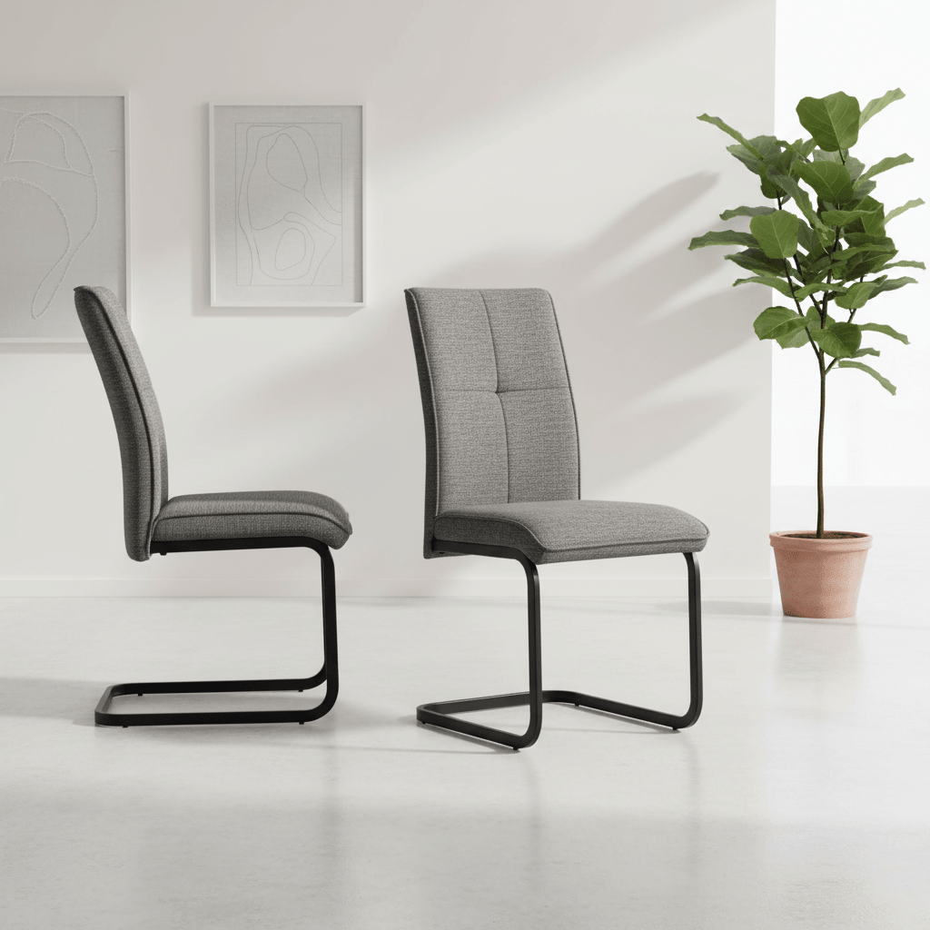Two modern gray upholstered dining chairs with black cantilever black metal bases, shown in a bright minimalist room with a potted plant and framed wall art.