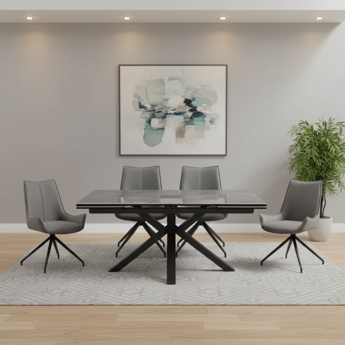 Vida Grey Ceramic Dining Table with 6 Dune Leather Swivel Chairs