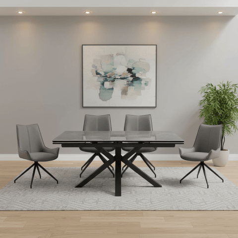 Vida Grey Ceramic Dining Table with 6 Dune Leather Swivel Chairs