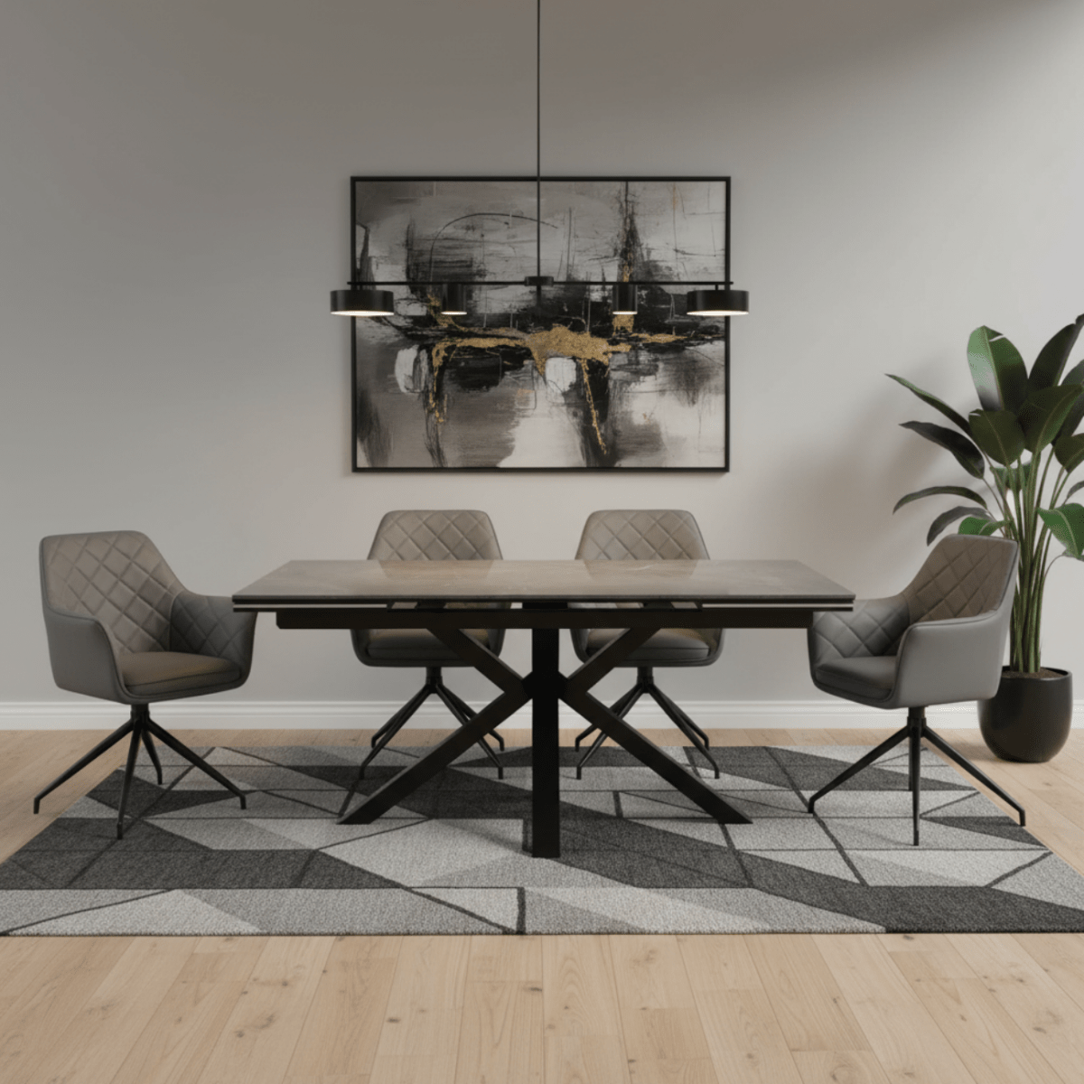 Vida Grey Dining Table with 6 Russo Leather Swivel Chairs