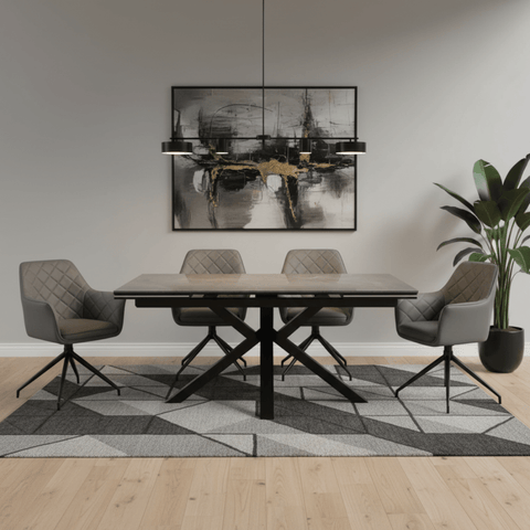 Vida Grey Dining Table with 6 Russo Leather Swivel Chairs