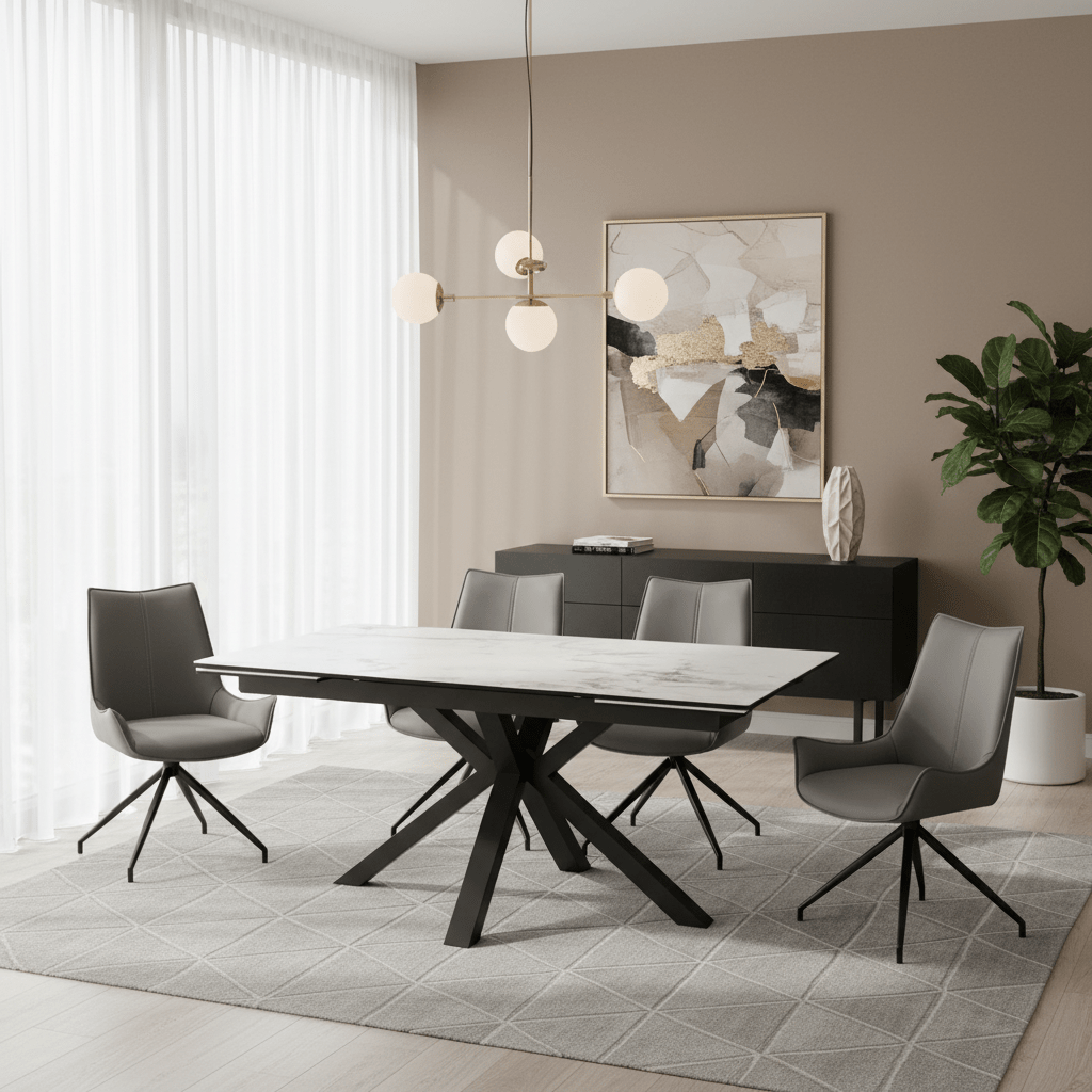 Vida White Dining Table with 6 Dune Grey Swivel Chairs