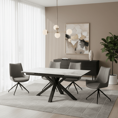 Vida White Dining Table with 6 Dune Grey Swivel Chairs