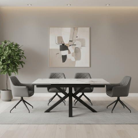 Vida White Dining Table with 6 Russo Leather Swivel Chairs