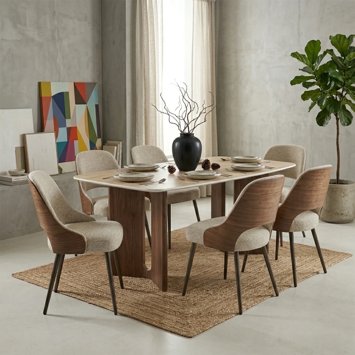 Vienna Walnut & Travertine Dining Table with 6 Dining Chairs
