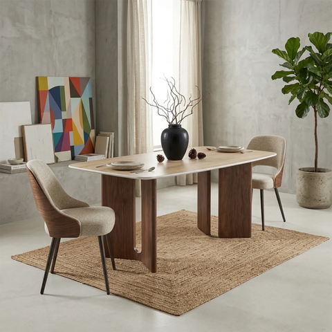 Vienna Walnut & Travertine Dining Table with 6 Dining Chairs