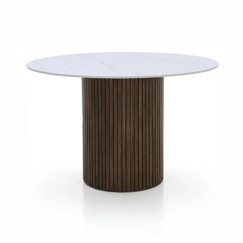 Vigo round dining table with white stone top and walnut fluted pedestal base