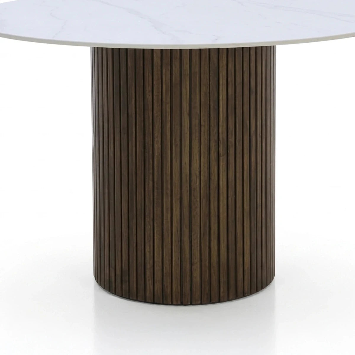 Contemporary round dining table with walnut fluted pedestal base