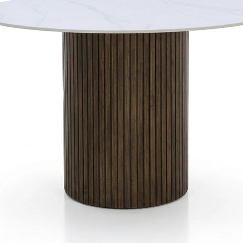 Contemporary round dining table with walnut fluted pedestal base