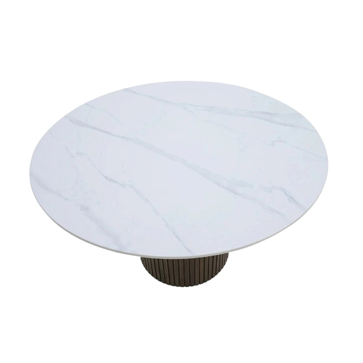 Round White Sintered Stone table with a   brown base on a white background