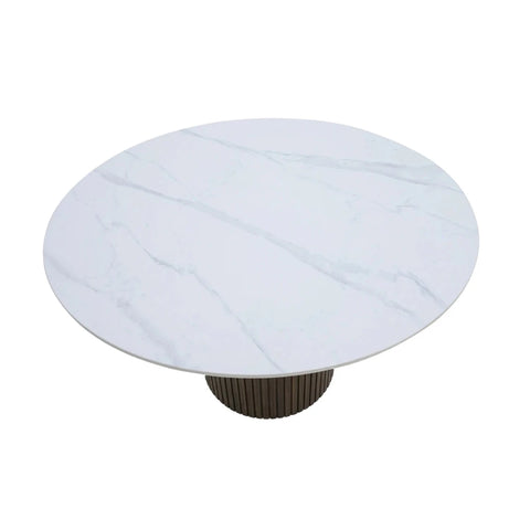 Round White Sintered Stone table with a   brown base on a white background