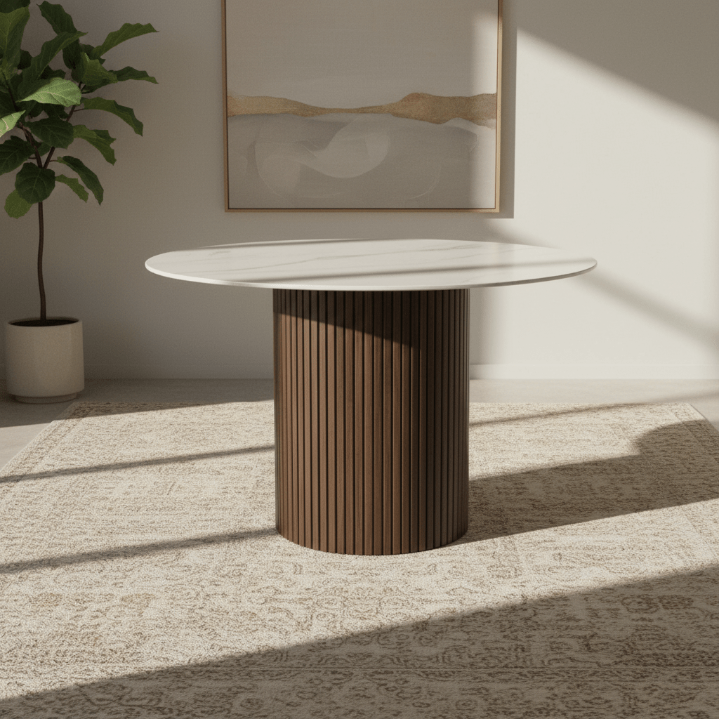 Vigo 120cm round dining table with a white stone-effect top and walnut fluted pedestal base. Contemporary dining table seating up to 4 people.