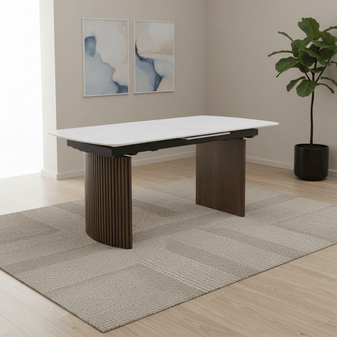 Vigo extending dining table with a white sintered stone top, walnut fluted pedestal base and smooth extension. Extends from 170cm to 210cm.