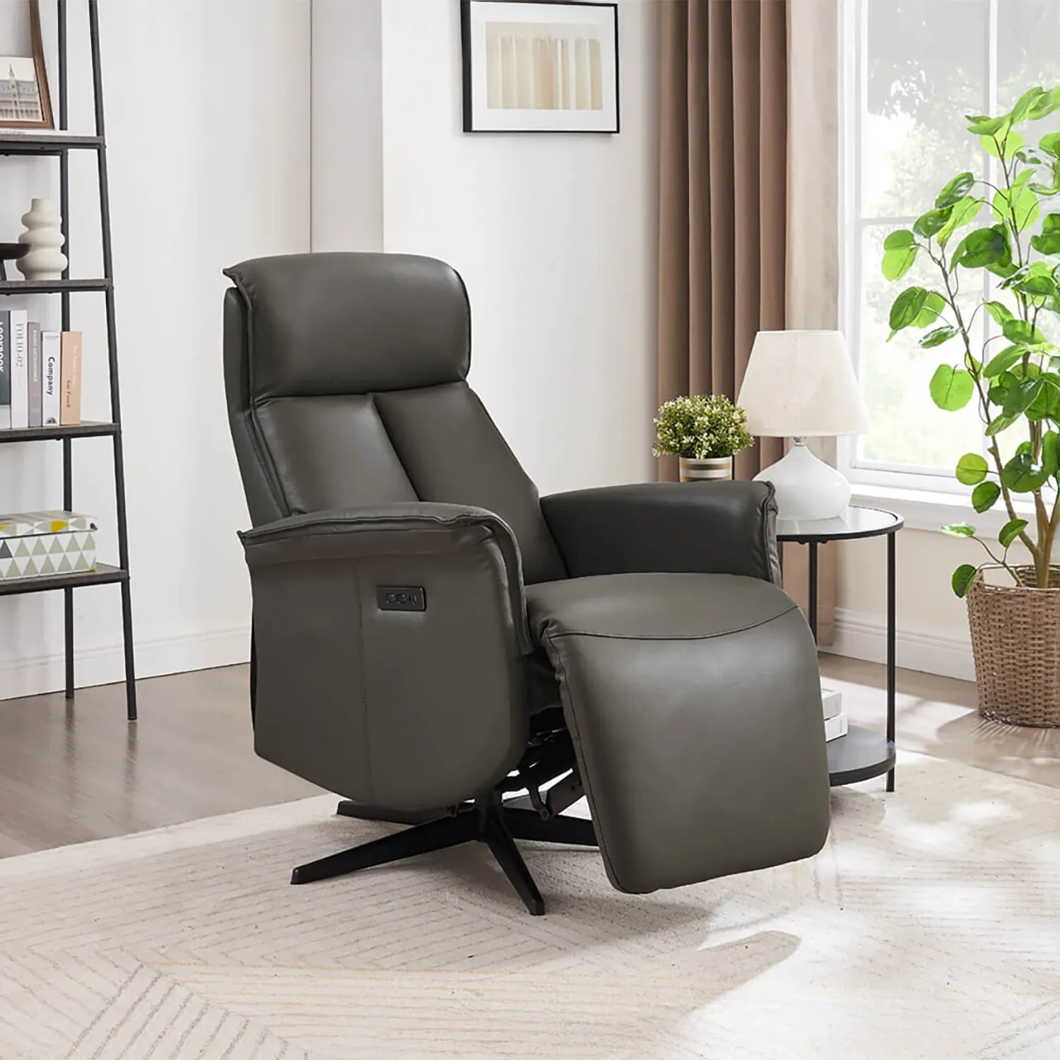 Vincenzo Dark Grey Leather Swivel Power Recliner Chair - Pendle Village Furniture