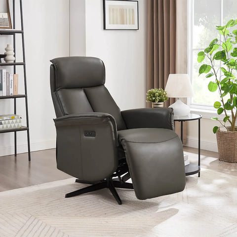 Vincenzo Dark Grey Leather Swivel Power Recliner Chair - Pendle Village Furniture