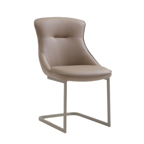 A modern VITA dining chair with a curved, tufted upholstered seat and backrest in a taupe-beige leather, supported by a sleek cantilevered metal base in a matching taupe finish, shown on a solid white background.