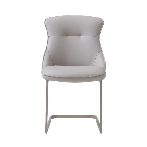 A modern light gray upholstered dining chair with a curved backrest, padded seat, and slim metal legs, shown against a plain white background.