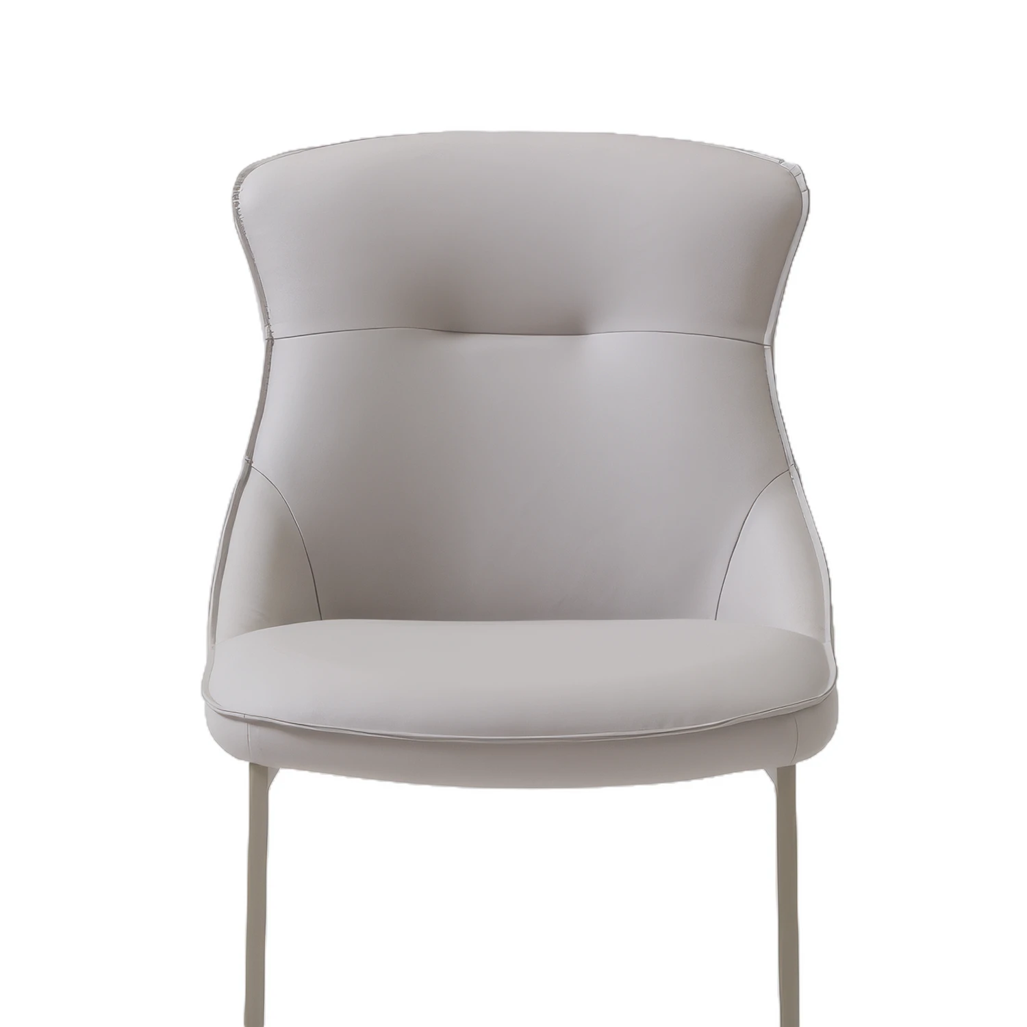 A modern light gray upholstered dining chair with a curved backrest and slim metal legs, shown against a plain white background.